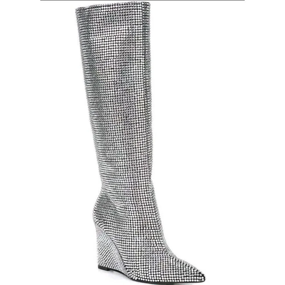 Gianni Bini Gabor Two Rhinestone Pointed Toe Tall Wedge Boots Size 7M